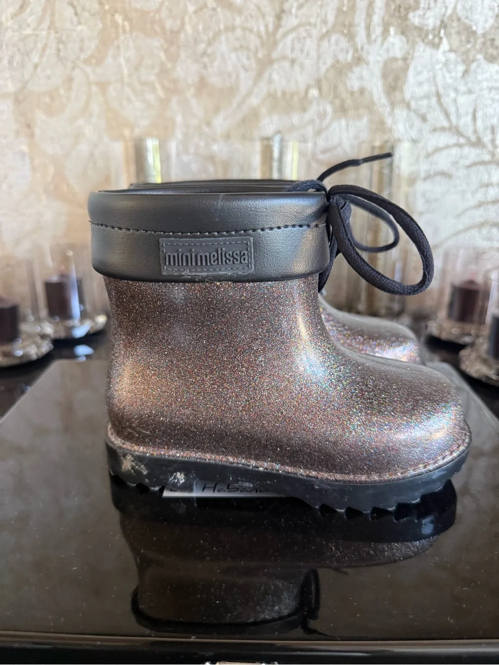 Mini Melissa Glitter Black Iridescent Kids Boots